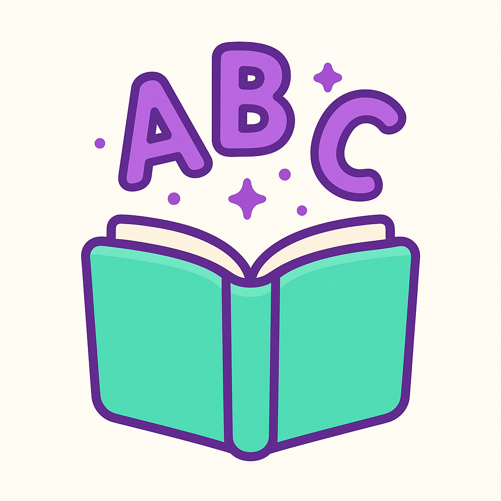 Word game icon showing letters, books, and vocabulary symbols